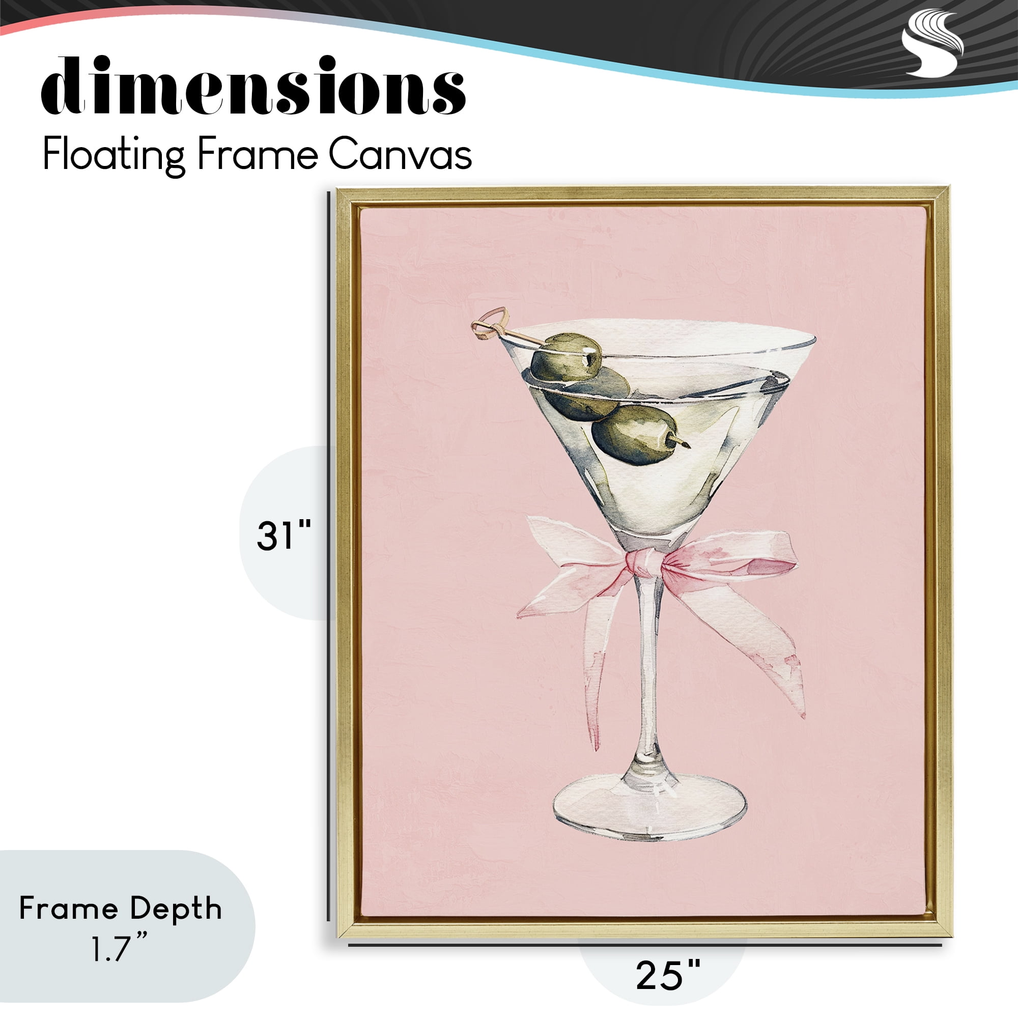Stupell Industries Martini with Pink Bow Gold Framed Floater Canvas Wall Art, design by Kim Allen