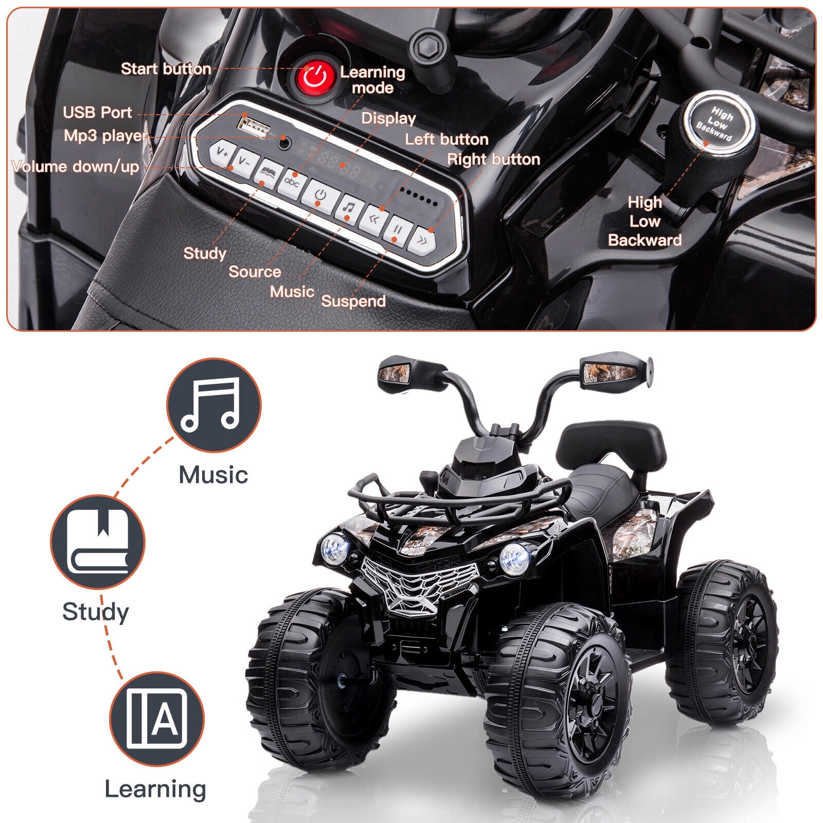 Lohoms 12V 4-Wheeler Kids Ride On Car ATV, Electric 12V Rechargeable Battery Powered Kid's Quad Car Toys, With LED Lights Music USB, 2 Speed, Black