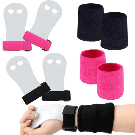 ZYNERY 2 Pairs Gymnastics Grip Pads with 2 Pairs Wristbands for Kids, Leather Weightlifting Gymnastics Sports Fitness Hand, Wrist Protectors Set for Weightlifting/Pull-Up Sports (Black   Pink)