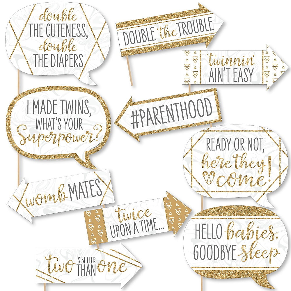 Funny It's Twins - Gold Twins Baby Shower Photo Booth Props Kit - 10 Piece 