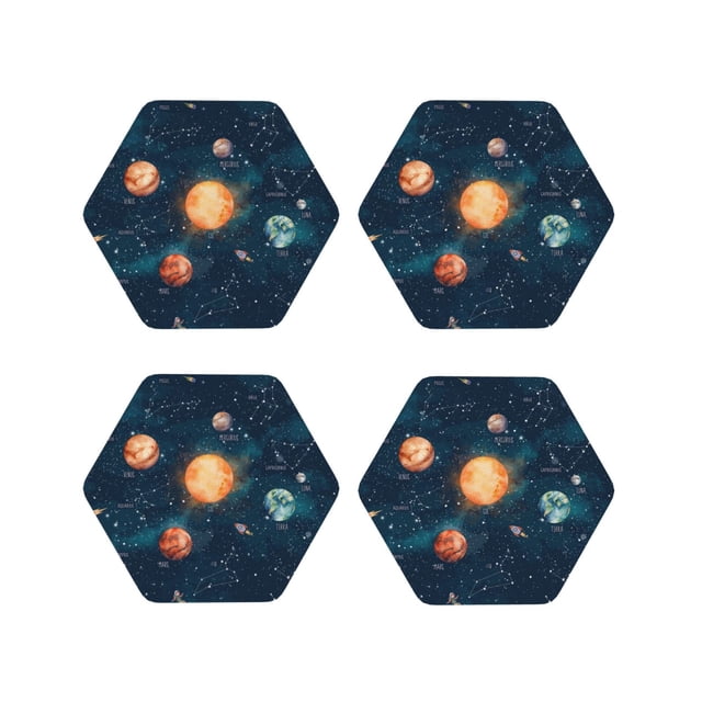 Easygdp Solar System And Planets or Leather Coasters Set of 4 Coaster, Non-Slip, Heat Resistant for Home, Office, Kitchen (Round,Square,Octagon,Hexagon)-Hexagon
