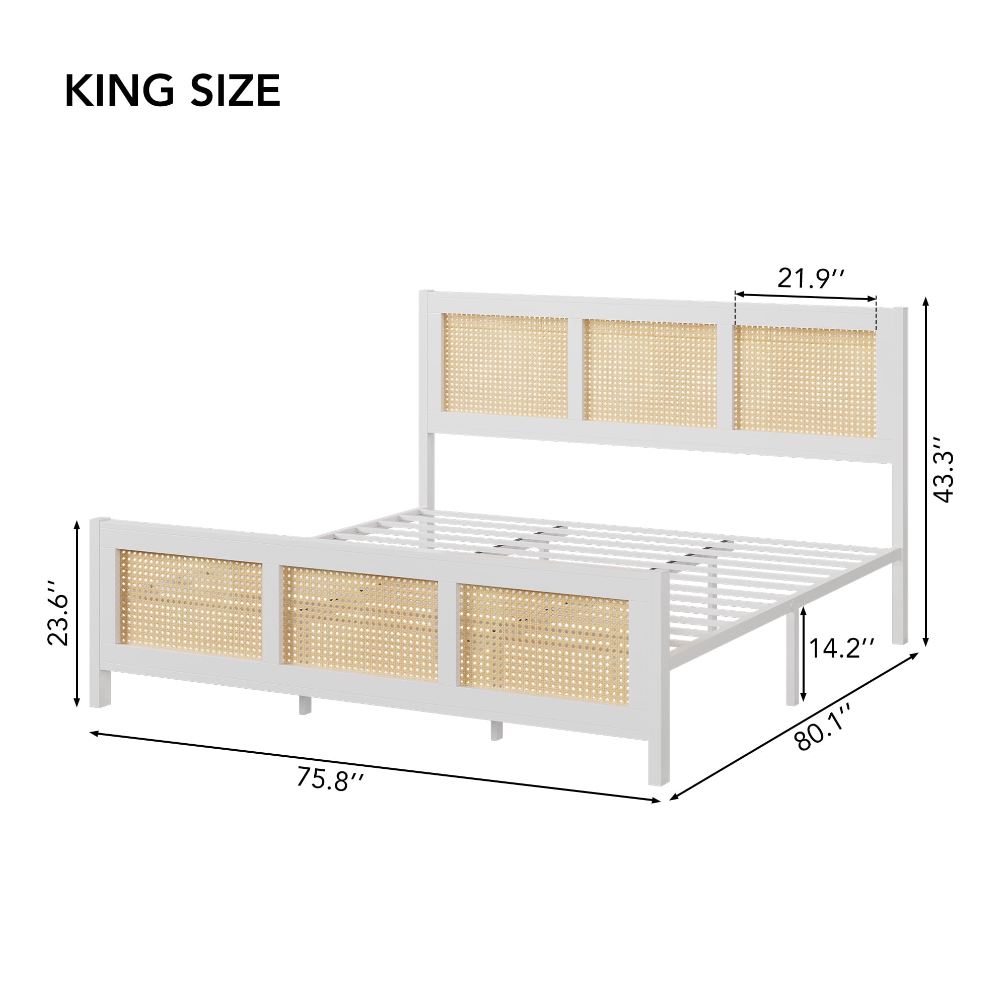 King Size Rattan Bed Frame, Boho Cane Platform Bed Frame, Modern Style with Headboard & Strong Metal Slat, No Box Spring Needed for Bed Room, White