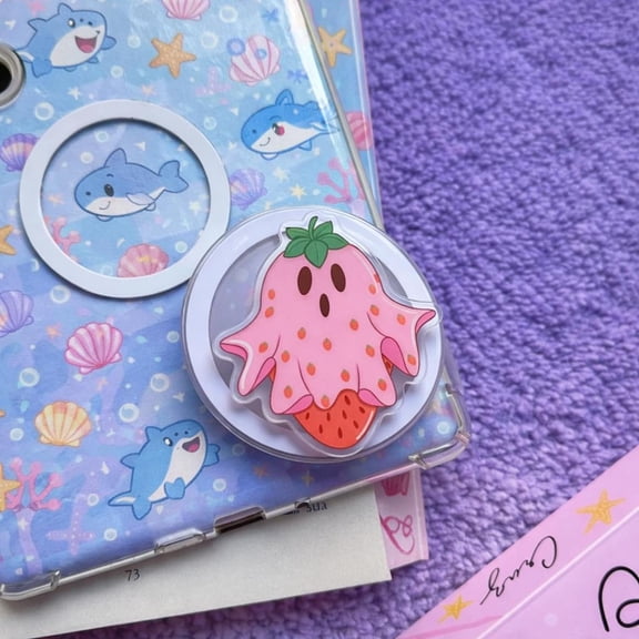Strawberry Ghost MagSafe Phone Grip: Cute Pink Spooky Ghost Magnetic Phone Holder, Kawaii Horror Gift for Halloween, Phone or Popgrip