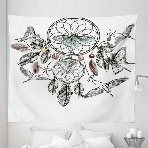 Saying Tapestry, Collect Your Happy Dreams Words with Dreamcatcher and Butterflies Pattern, Fabric Wall Hanging Decor for Bedroom Living Room Dorm, 5 Sizes, Multicolor, by Ambesonne