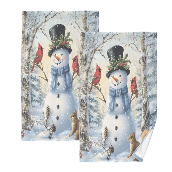 joogoo 2 PCs Hand Towels Sets Christmas Snowman with Cardinal Cotton Face Towel Bathroom Decorative