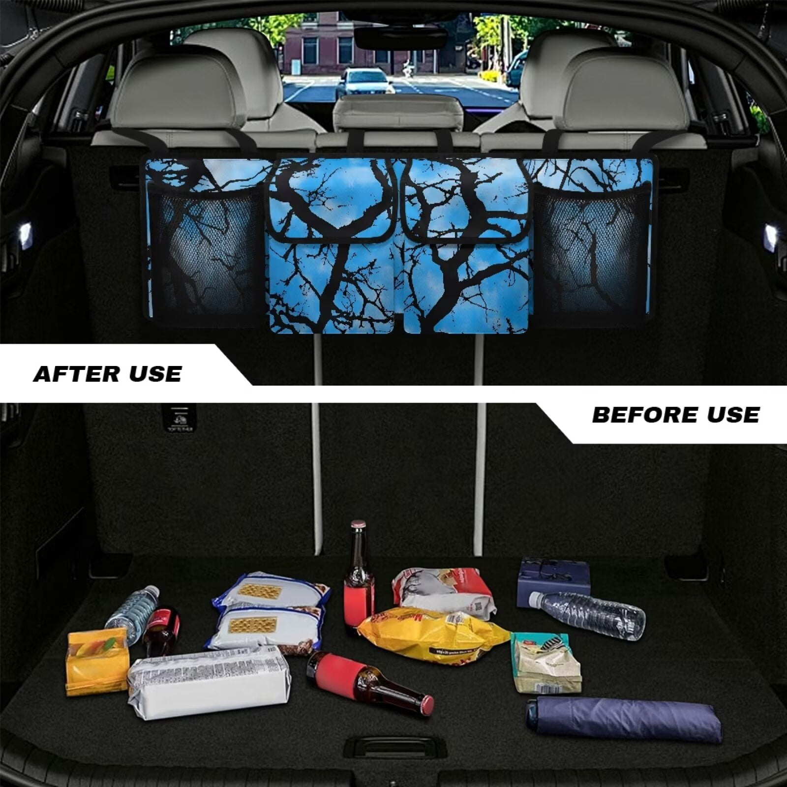 KUIFORTI Car Trunk Organizer and Storage, Detachable Seat Back Hanging Organizers Storage with Lids, Novelty Car Accessories Interior for Sedan, SUVs, Vans, Blue Camouflage