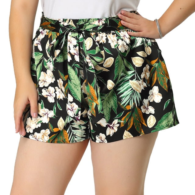 Women's Plus Size Pants Floral Tie Waist Casual Shorts Black 3X