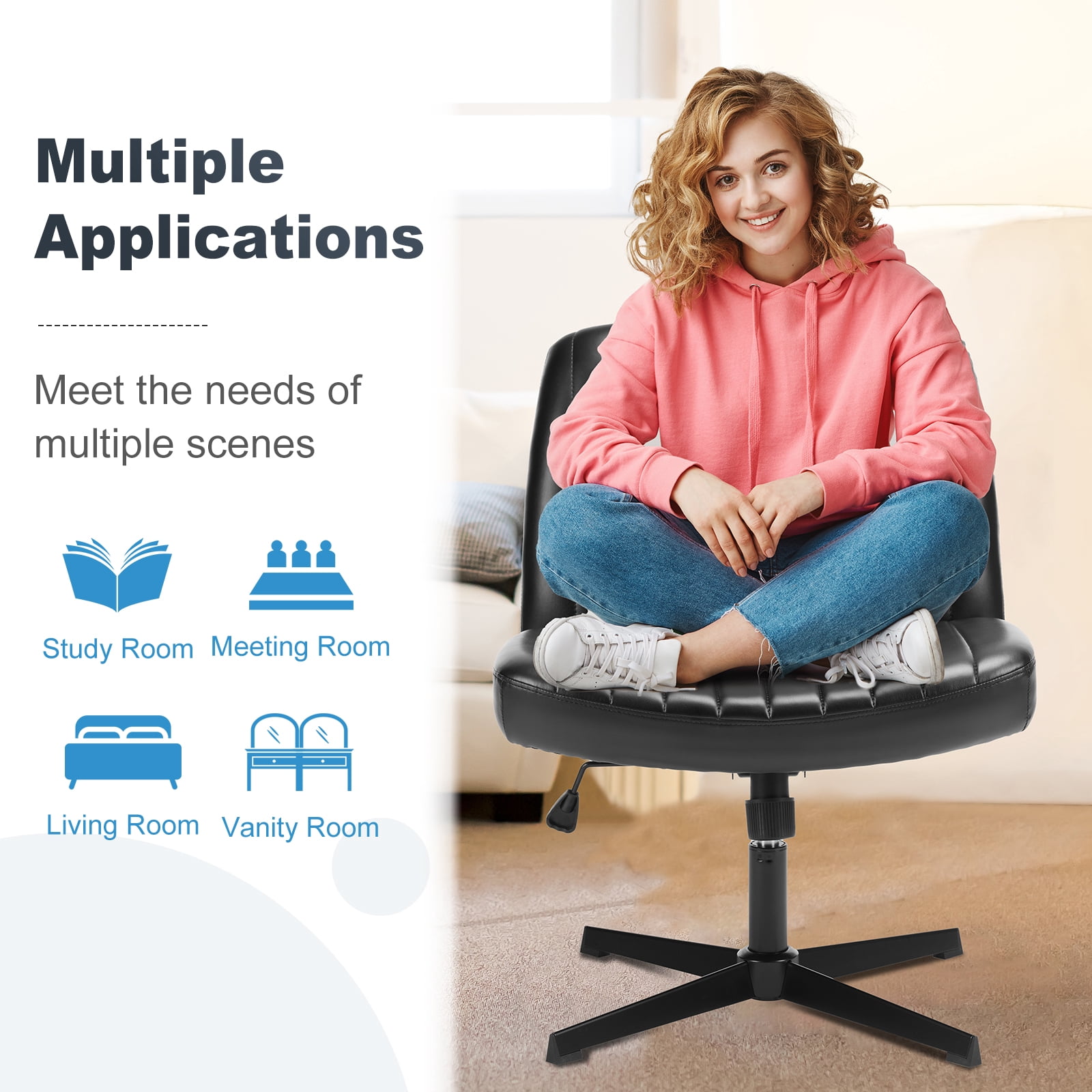 JIOABL Criss Cross Chair Armless Cross Legged Office Desk Chair Adjustable Swivel Ergonomic Desk Chair No Wheels U Shaped Backrest with Wide Seat Computer Task Vanity Chair for Home Office,PU Black