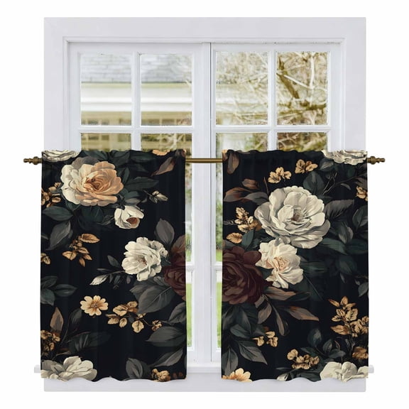 Vintage Black Floral Tier Curtains, Spring Seasonal Botanical Blooms Light Filtering Kitchen Curtains, 2Pcs Rod Pocket Half Window Treatments Panels for Sink Cafe Cabinet Basement 27.5x45 Inches