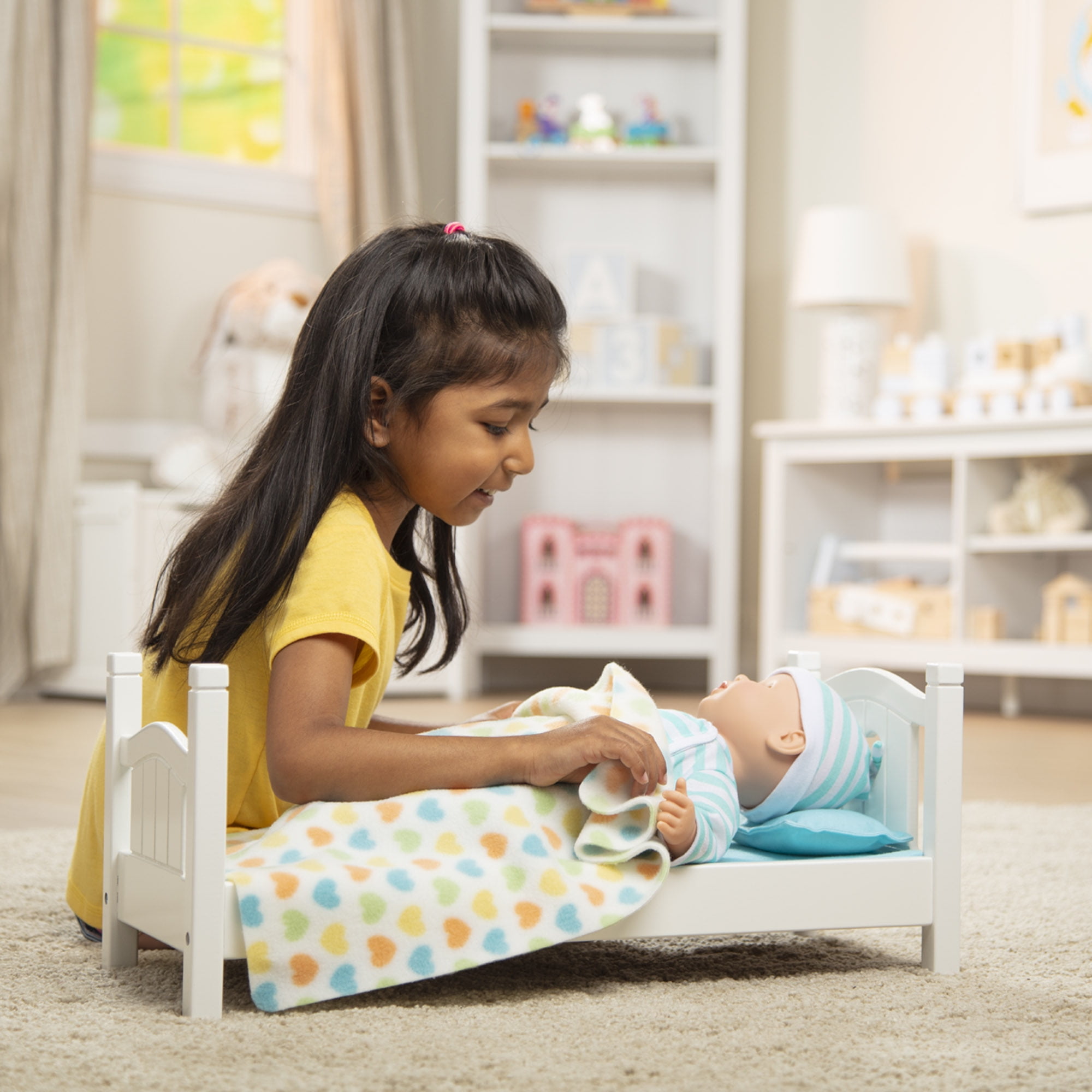 Melissa & Doug Mine to Love Wooden Play Bed for Dolls, Stuffed Animals - White (8.7”H x 9.1”W x 20.7”L Assembled)