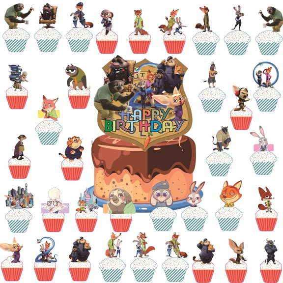 Cartoon Birthday Cake Decoration Set, featuring 1 “Happy Birthday” cake topper and 36 cupcake decorations (no duplicates), is the perfect choice for birthday-themed party decorations.