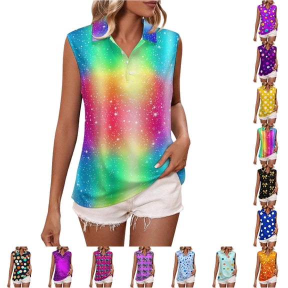 DHFJKG Polo Shirts For Women Polka Dot Sleeveless Turndown Collar Loose Fit Stretchy Soft Golf Tennis Shirts Trendy Tops