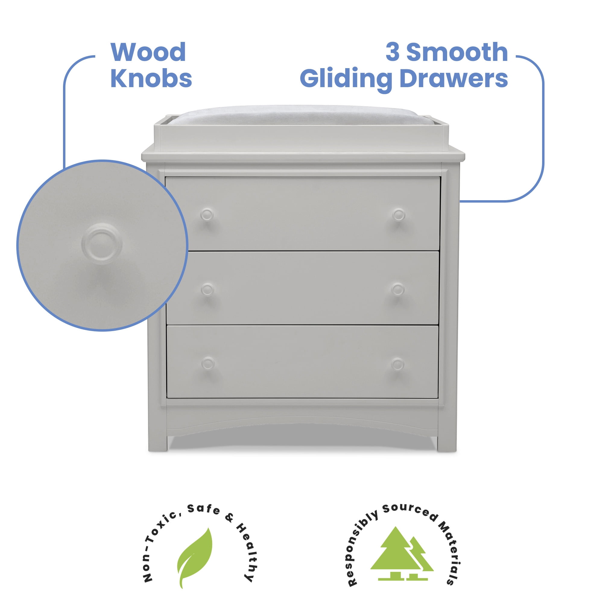 Delta Children Perry 3 Drawer Dresser with Changing Top and Interlocking Drawers, Moonstruck Grey
