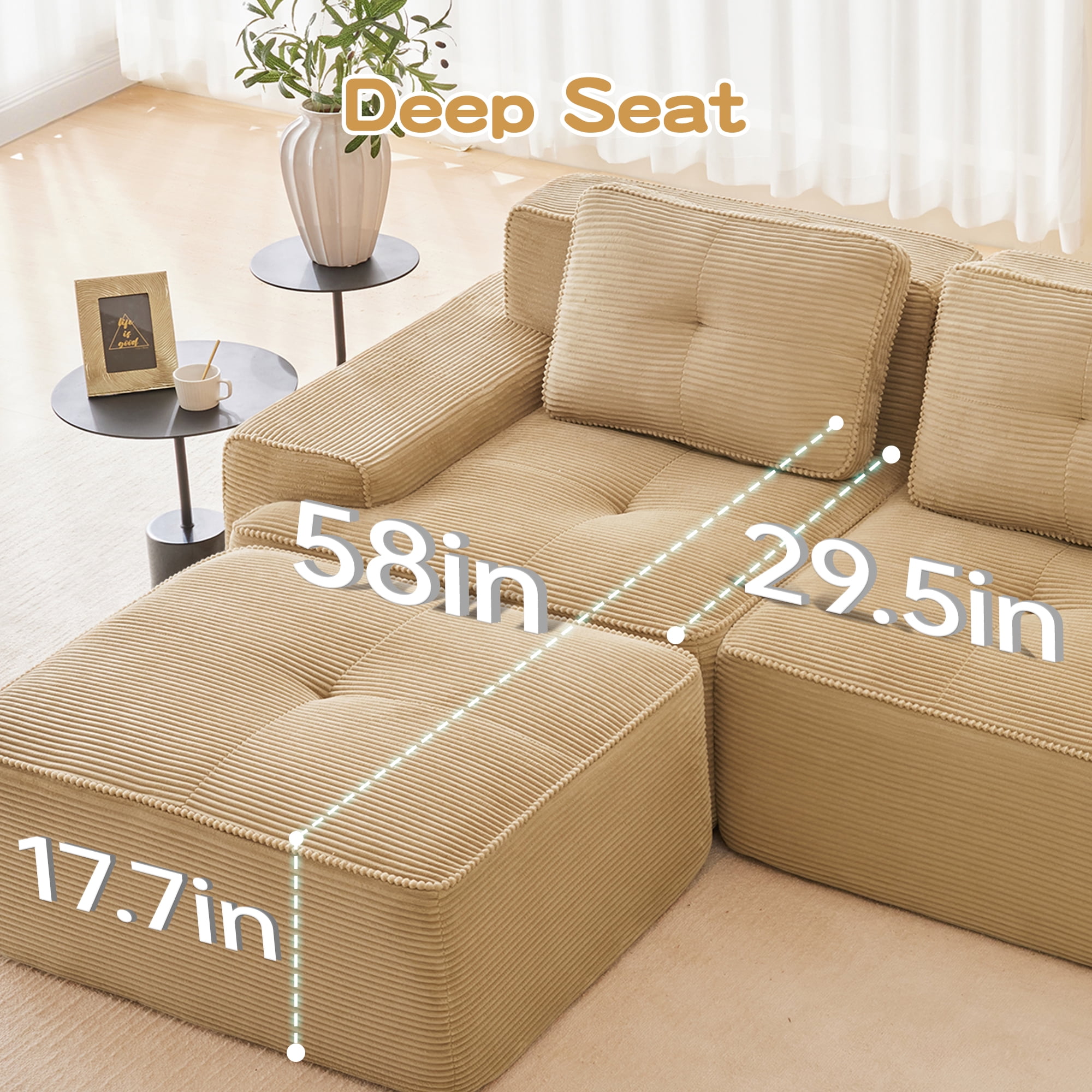Yoneston 82" L-Shaped Modular Sectional Sofa 2 Seater Couch with Cushions and Ottoman, No Assembly Corduroy Loveseat Sofa for Living Room Bedroom Apartment, Camel