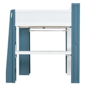 Euroco Wood Full Size Loft Bed with Storage Headboard, Bookcase. Desk and Clothes Hanger for Kids Teens Adults, White&Blue