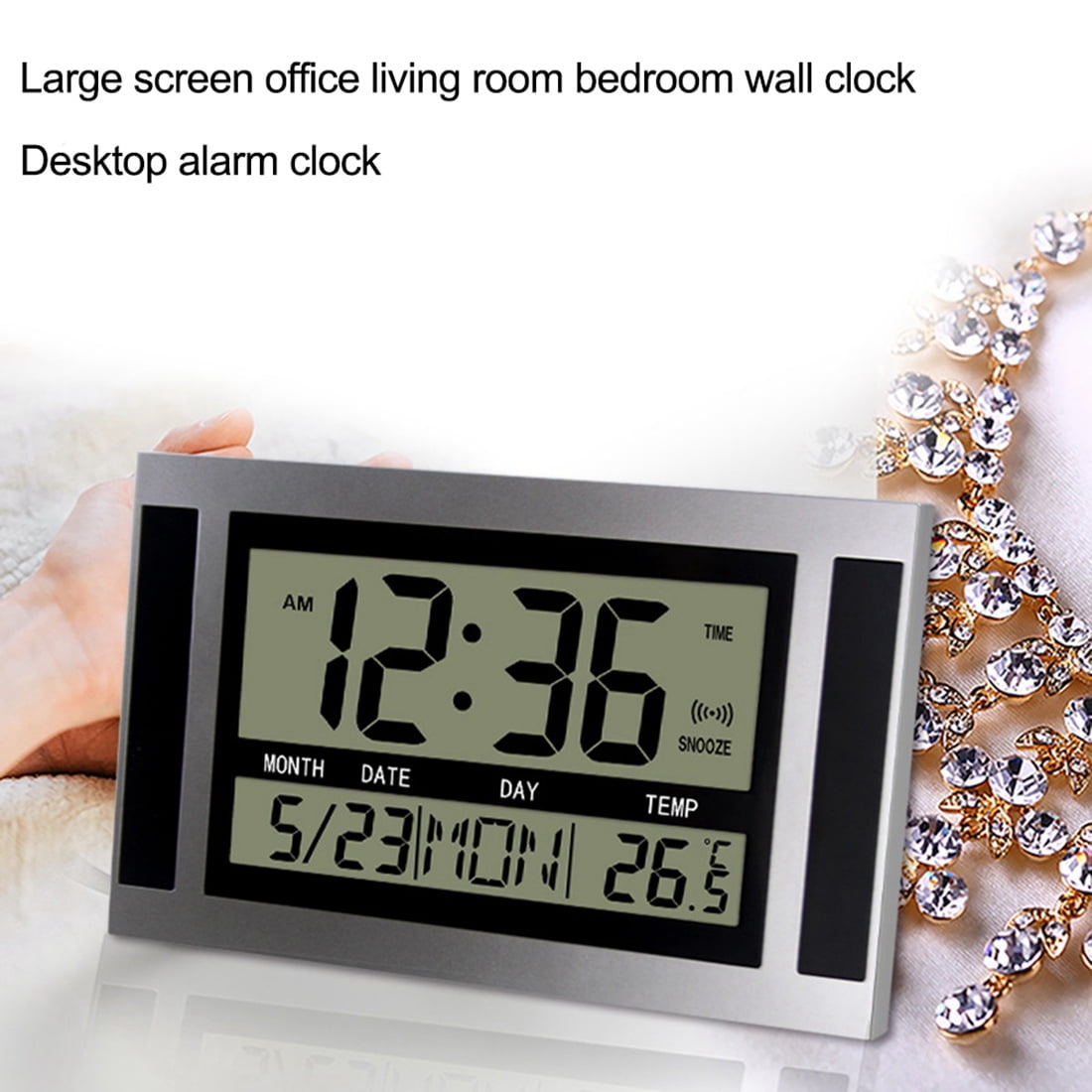 Digital Wall Clock LCD Large Number Time Temperature Calendar Alarm Table Desk Clock Modern Design Office Home Silver