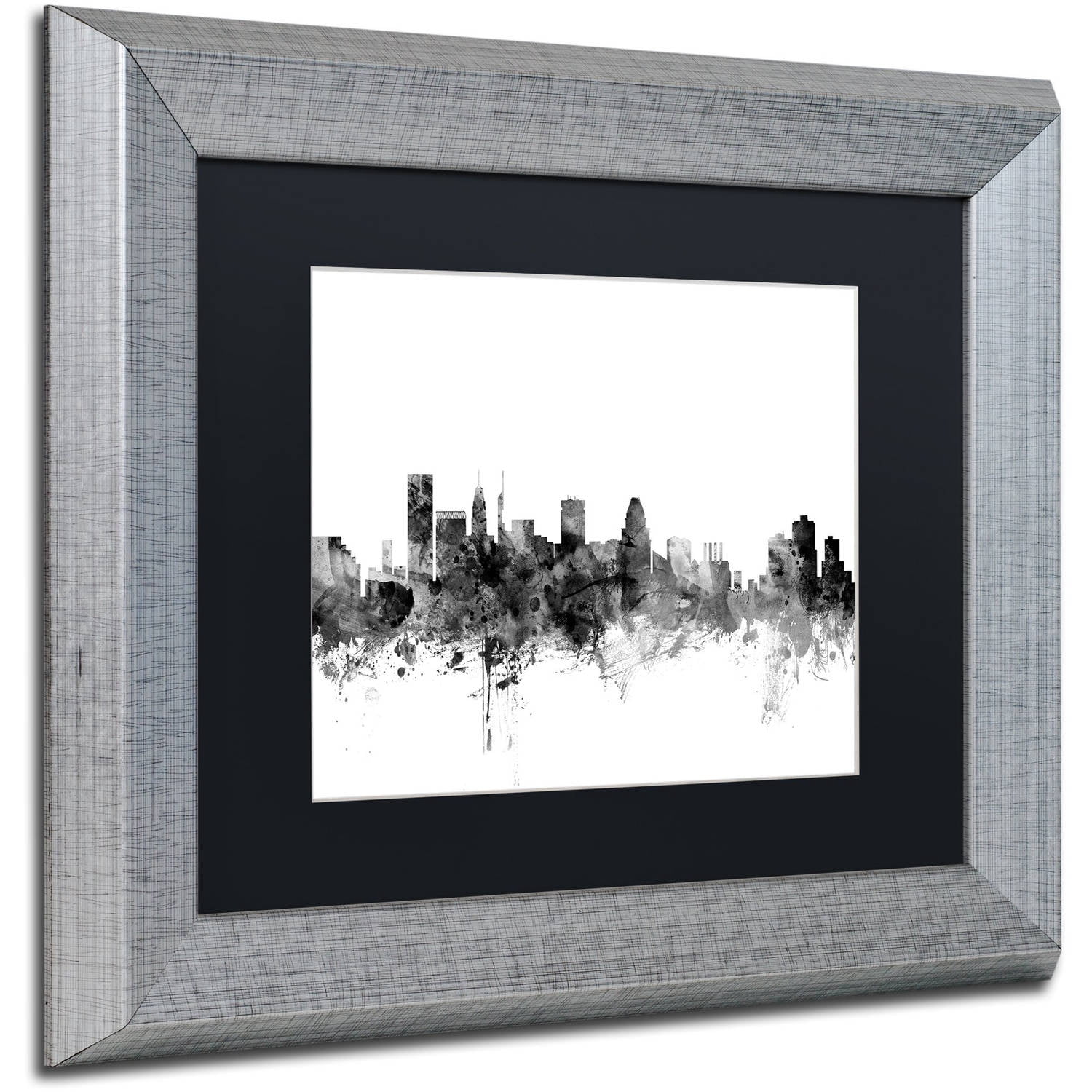 Trademark Fine Art "Baltimore Maryland Skyline B&W" Canvas Art by Michael Tompsett, Black Matte, Silver Frame
