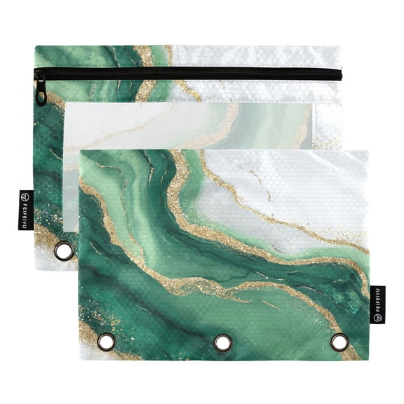 2 Pack 3 Ring Binder Pouch with Clear PVC Window Water Resistant Zipper Pencil Pouch Alluring Gold-green Marble Binder Pocket for Classroom Office Home Stationery Organization