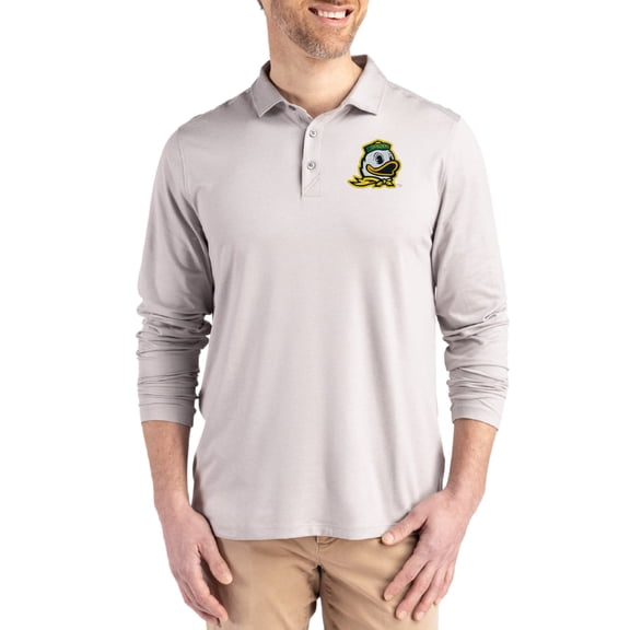 Men's Cutter & Buck Gray Oregon Ducks Primary Coastline Epic Comfort Long-Sleeve Polo