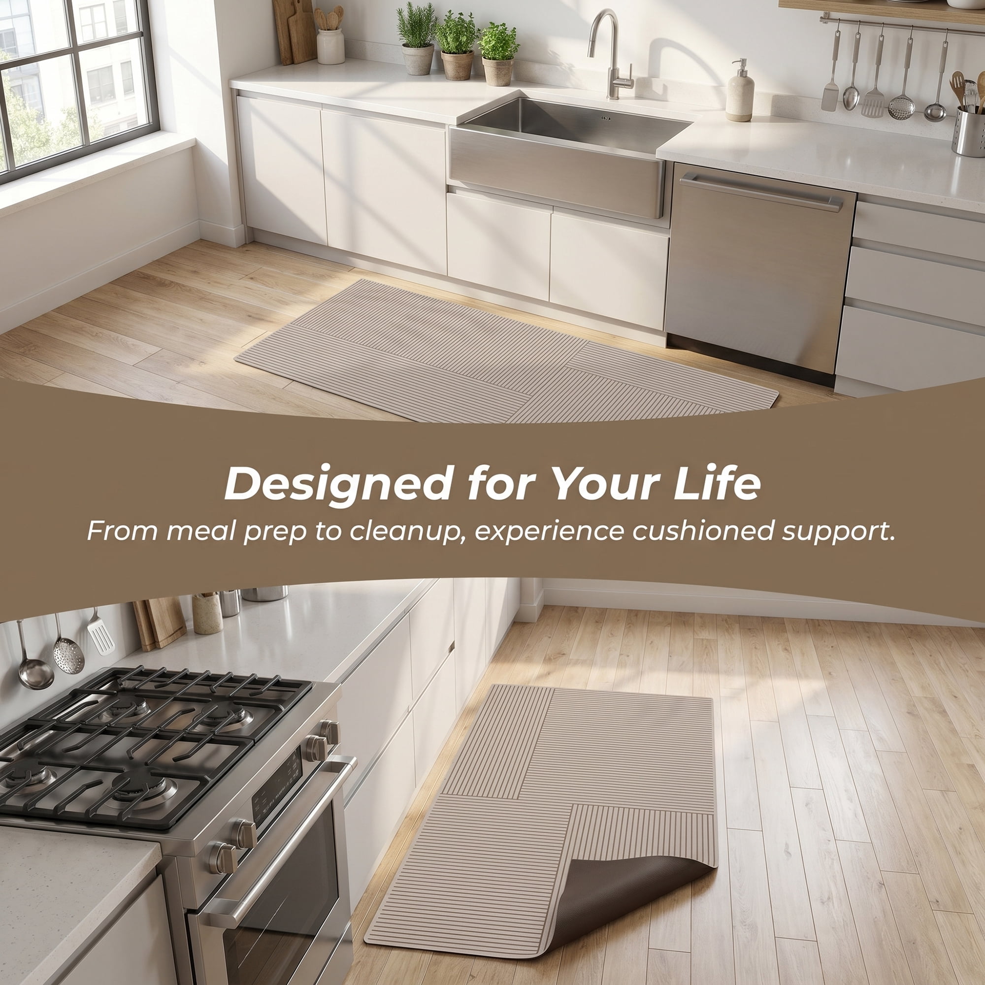 Unique Bargains Geometric Anti Waterproof Non Slip Rubber Mat Beige Line 47" x 18"