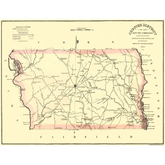 Historic County Map - Chester County South Carolina - Mills 1825 - Vintage Wall Art