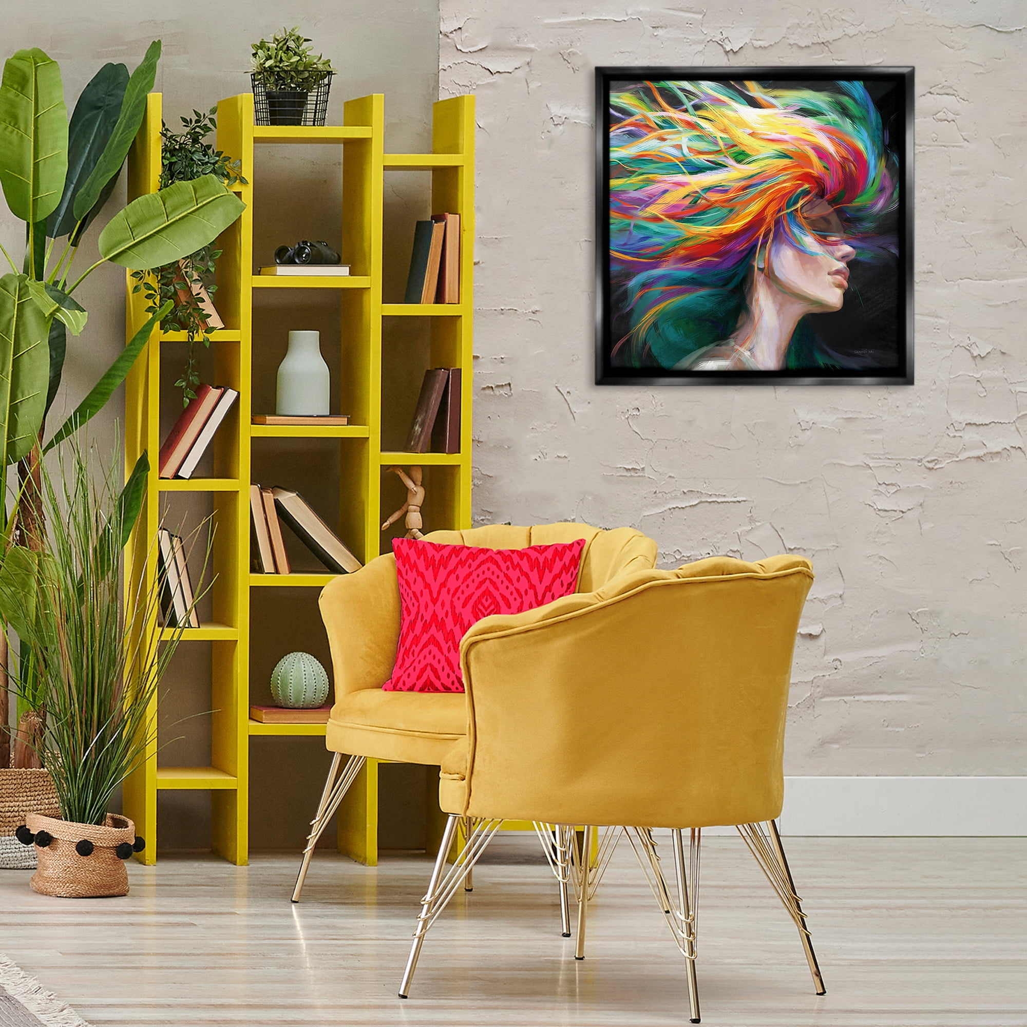 Stupell Industries Woman with Rainbow Hair People Painting Black Floater Framed Canvas Art Print Wall Art, 25 x 25