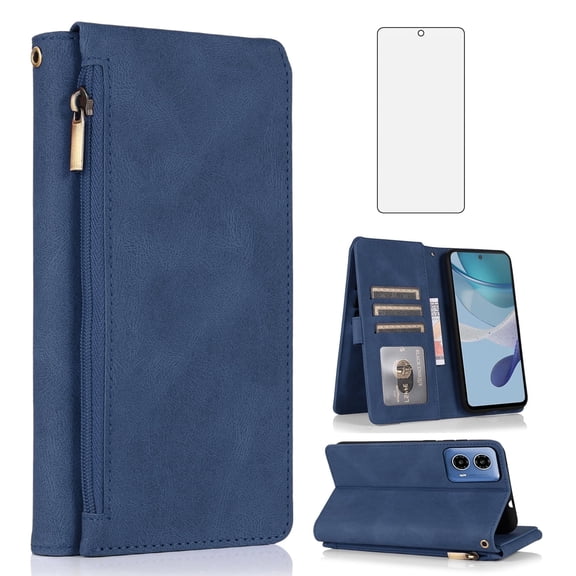 Asuwish Wallet Kickstand Hard Shell Cell Phone Case with Tempered Glass Screen Protector for Motorola Moto G34, Blue