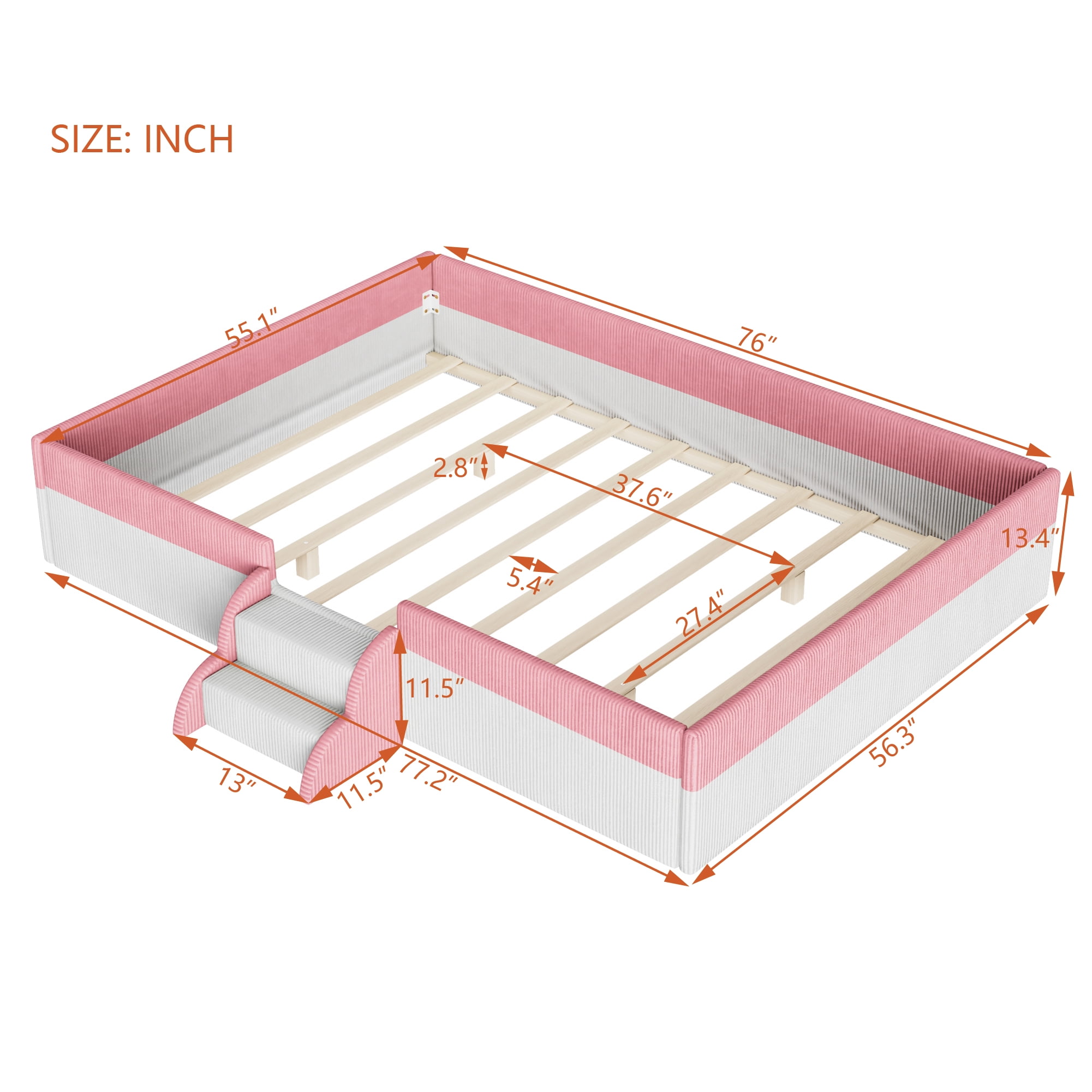 Howcool Full Size Corduroy Upholstered Floor Bed with Fence and Smart LED Lights,2-Tier Steps Platform Bed Frame,Pink+White