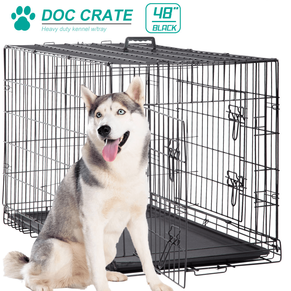 42 inch Dog Cage Metal Welded Wire Pet Crate with Plastic Tray and Handle Pet Dog Kennel Outdoor Indoor Double-Door Folding Dog Kennel Furniture Black Tyyps Large Dog Crate for Medium Large Dogs 