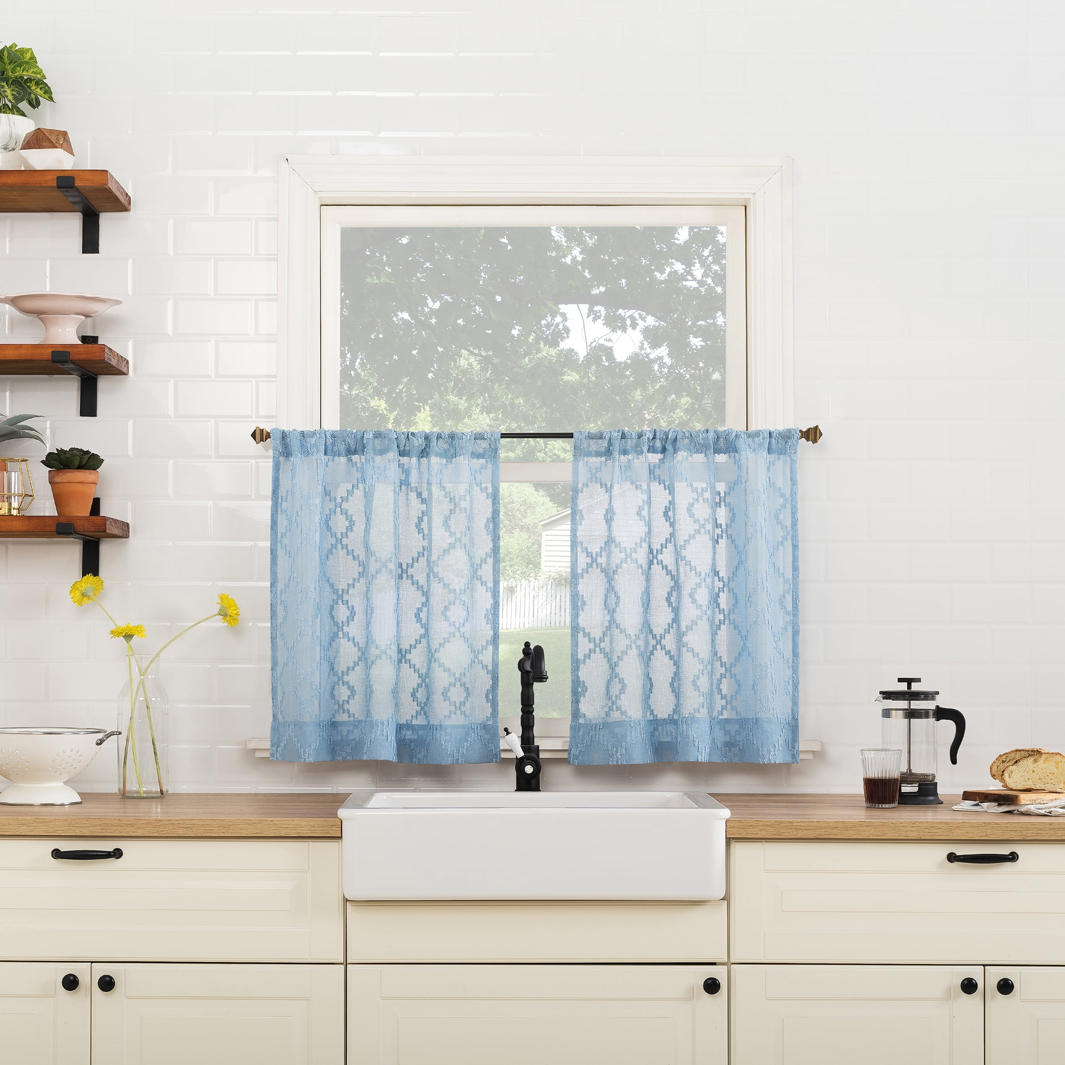 No. 918 Tina Geometric Clipped Semi-Sheer Rod Pocket Kitchen Curtains, 54"x24"