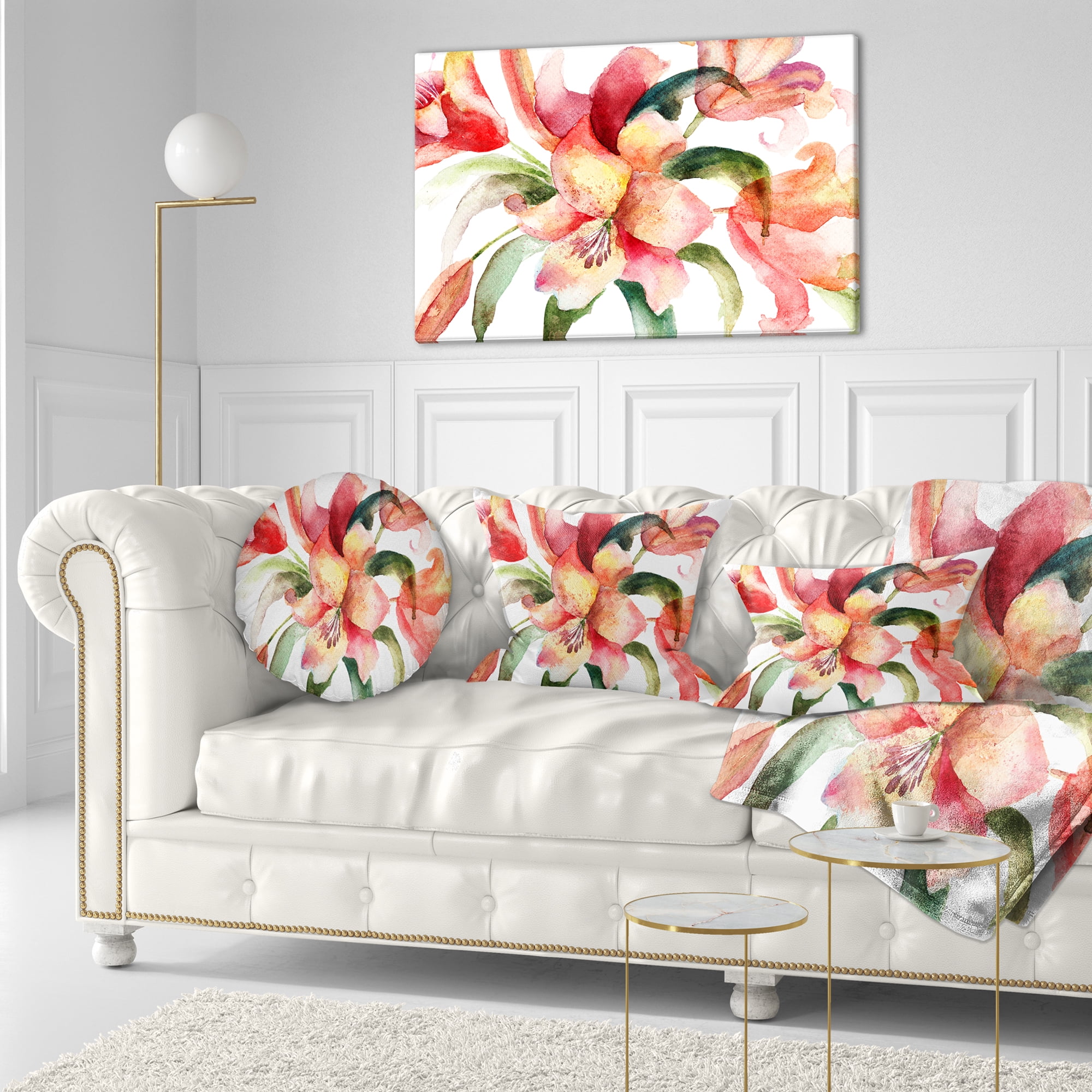 Designart Lily Flowers Watercolor Illustration - Floral Throw Pillow - 12x20