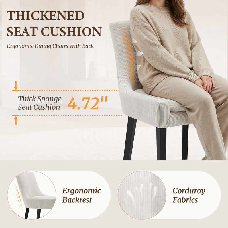 COLAMY Modern Dining Chairs Set of 2, Upholstered Corduroy Accent Side Leisure Chairs with Mid Back and Wood Legs for Living Room/Dining Room-Beige