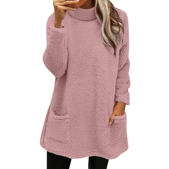 Womens Fuzzy Fleece Pullover - Turtleneck Sweatshirt for Women Casual Travel Winter Warm Fleece Lined Long Sleeve Shirts with Pockets