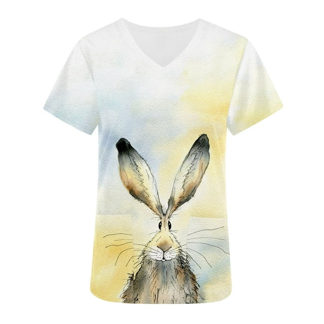 Hauts d'Été Grande Taille pour Femmes Hauts à Manches Courtes Col en V Uniformes de Travail Imprimé de Pâques avec Poche Blouse T-Shirt Col en V Femmes en Liquidation