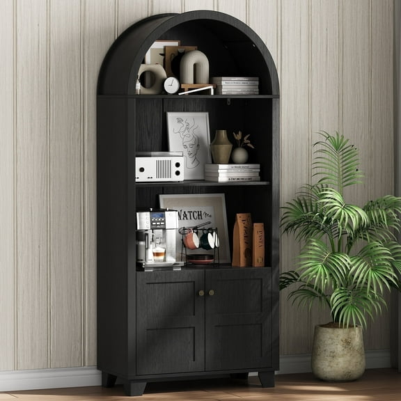 IDEALSOUL Arched Kitchen Pantry Cabinet, 70-inch Arched Cabinet, Open Shelf Storage Cabinet with 2 Doors and 5 Shelves(Black)