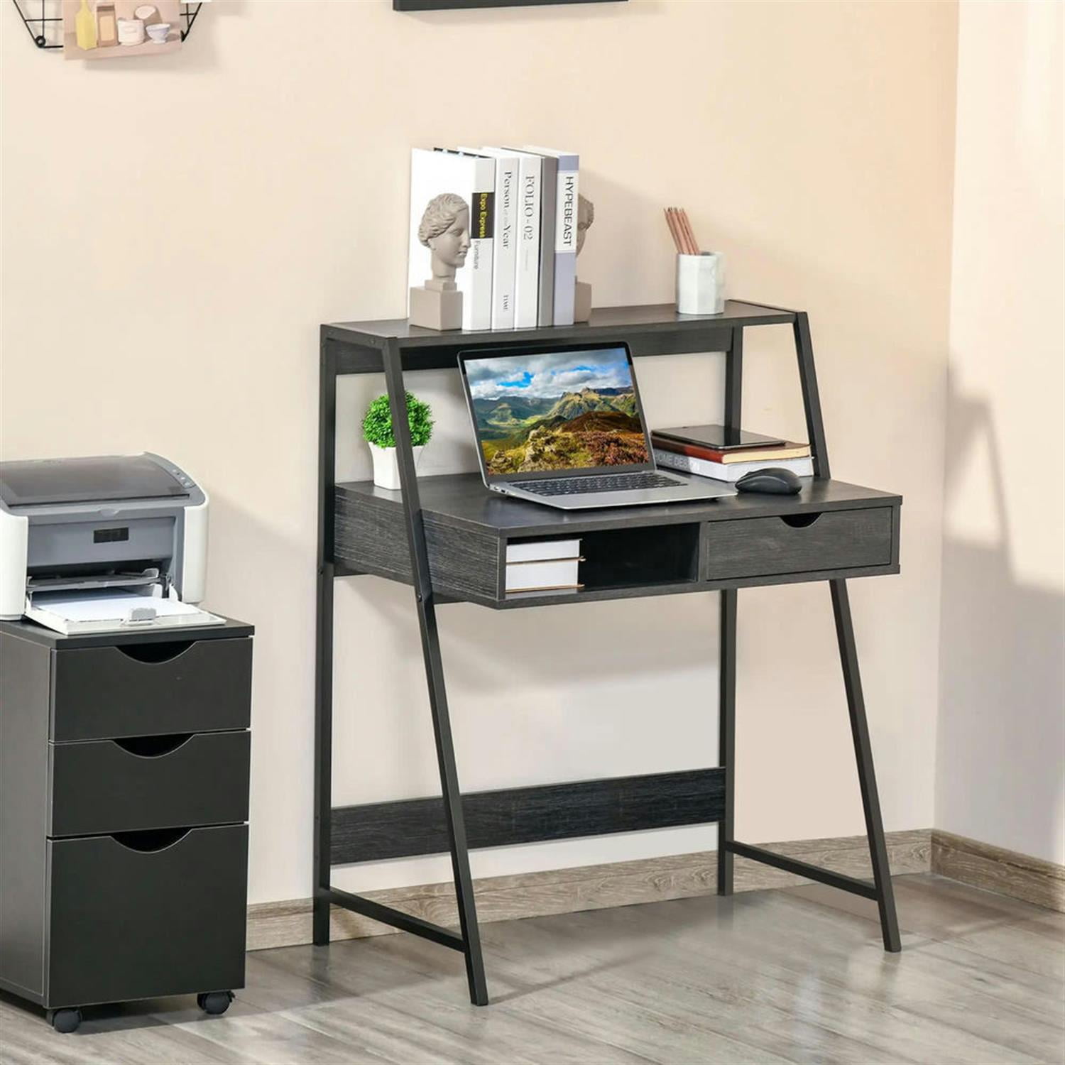 Demi Bonn Modern Office Desk with Drawer and Storage Shelves, Home Computer Desk for Living Room, Office, Study Writing Table PC Desks, Gray