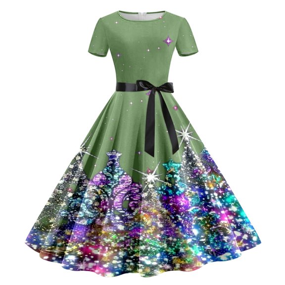 Nafuu Women Dress Colorful Print Short Sleeve Casual Elegant Style Flowy A Line Mini Party Wear Holiday Festive Outfit Leisure Home Sundress,Green