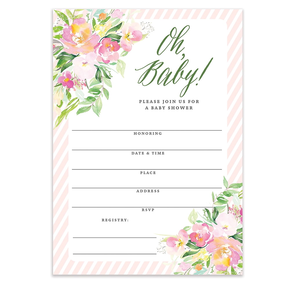 Oh Baby Shower Invitations Pretty Girl Flowers Fill In Style Blank Invites With Envelopes Pack Of 25 Large 5x7 Pink Border Floral Mom To Be Newborn Infant Daughter Child Excellent Value Vi0088b Walmartcom