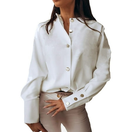 

koaiezne Spring 2023 New Women s Shirt Button Solid Crew Neck Shirt Tall Button down Shirt Short Sleeve Sleep Shirt