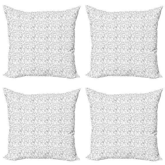 Ambesonne Cat Throw Pillow Cover 4 Pack, Lazy Furry Feline Pets, 20", Black White