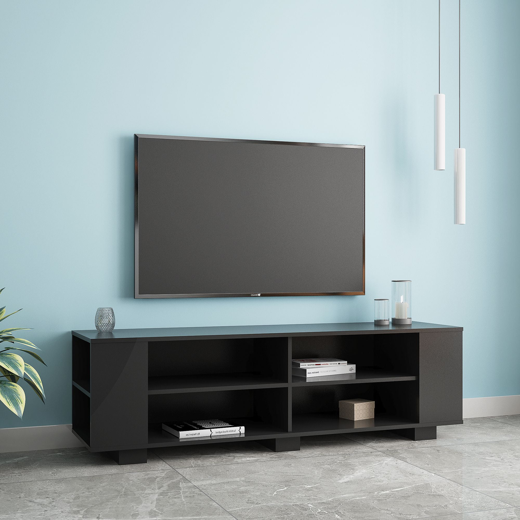 Momspeace Mid-Century TV Stand with 8 Open Storage Compartments, Vintage Media Console with Adjustable Shelves for TVs up to 65'' - Black