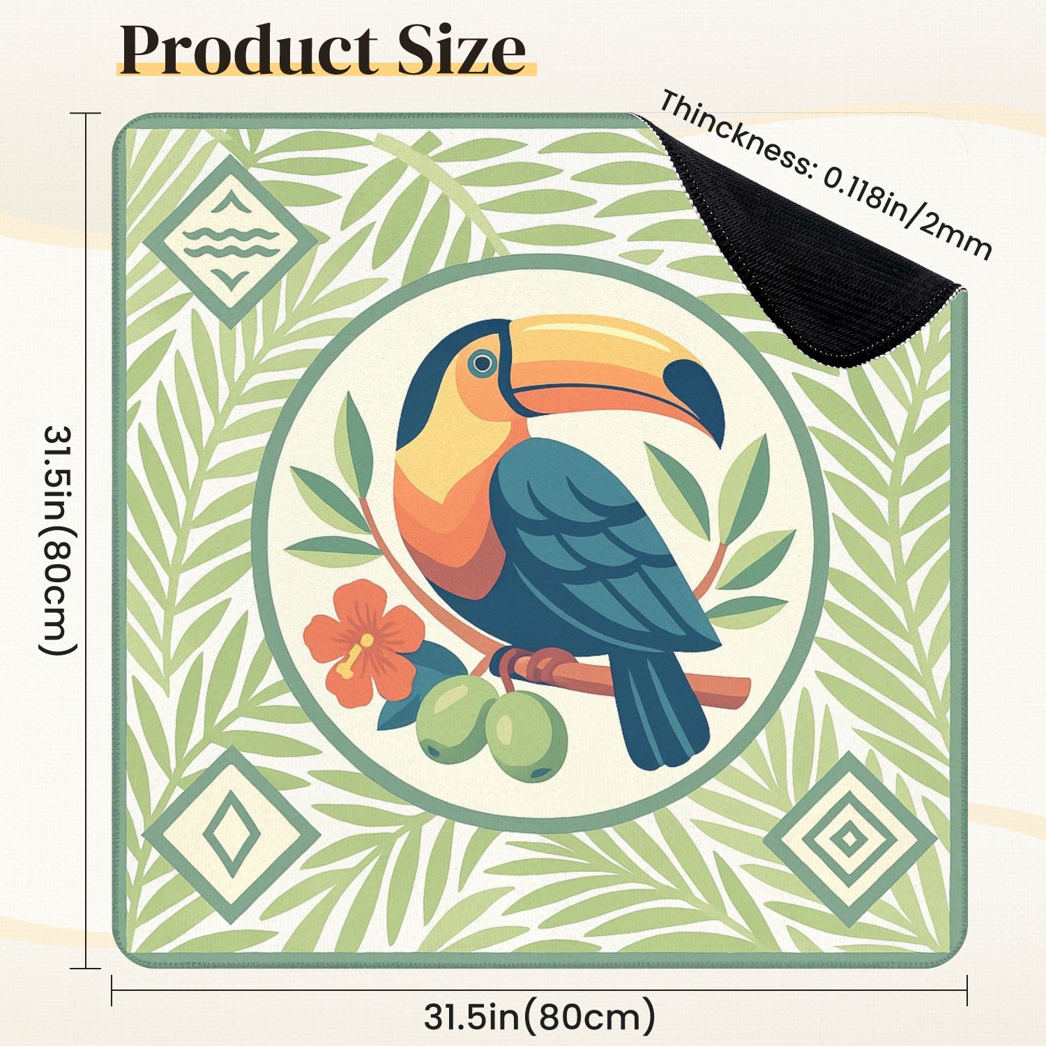 Mahjong Mat 31.5" x 31.5" Tropical Toucan Bird Vibrant Plumage Green Leaves Anti-Slip and Noise Reduction Symmetry Design Mahjong Tiles Table Cover for Dominoes Poker Card Board and Tile Games