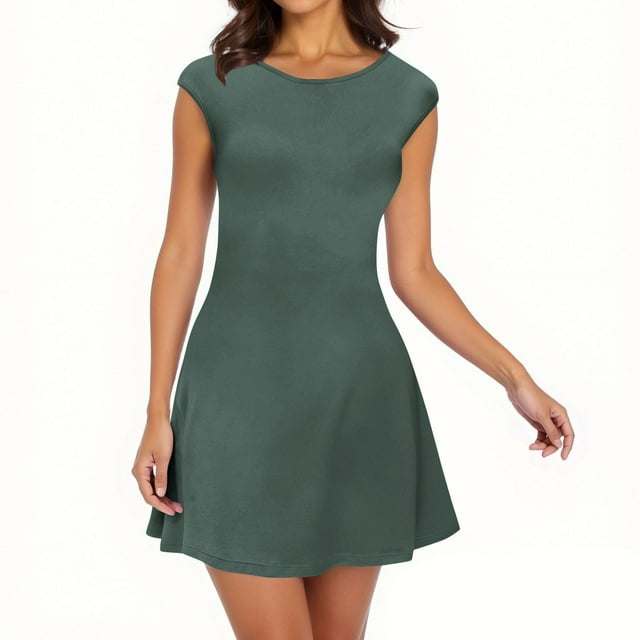 Mgmyaa A-Line Dress Robe Courte d'Été pour Femmes à Col Rond, Manches 1/4, Couleur Unie, Manches Cap, Robe de Cocktail pour Fête