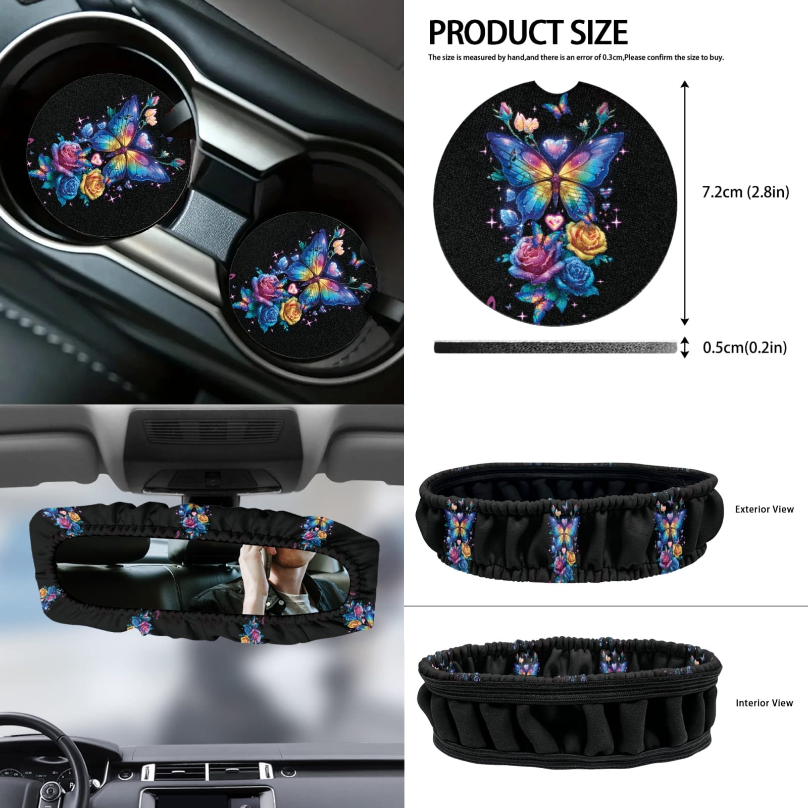Renewold Butterfly Rose Music Notes 12 Pack Front Car Seat Cover Set with Steering Wheel Armrest Rear View Mirror Cover Seatbelt Pads Trash Can Air Vent Holder Coasters Key Chain Fit SUV Vans Sedans