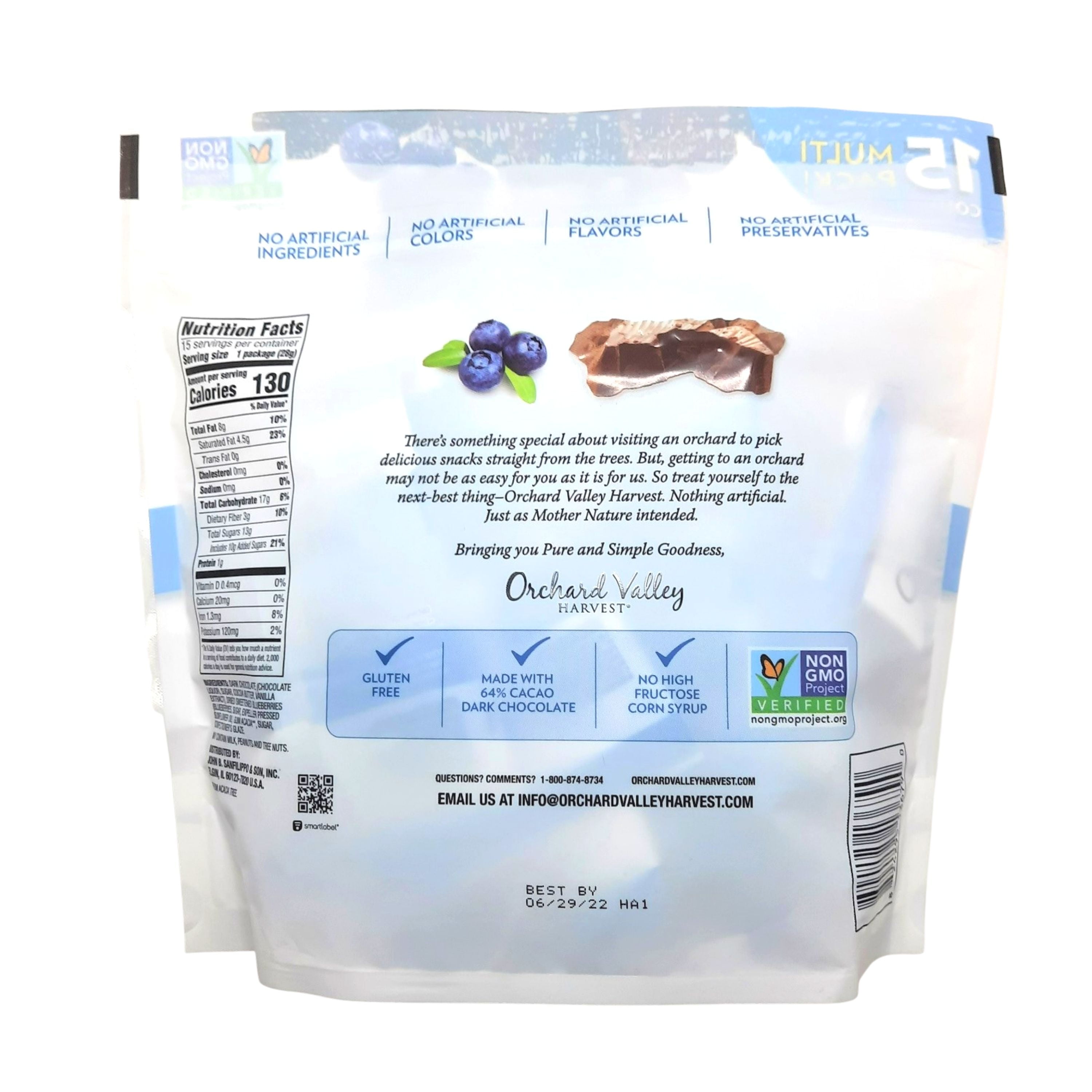 Orchard Valley Harvest Dark Chocolate Blueberries 15 pack of 1 oz. Snack Bags Non GMO No Artificial Ingredients 15 ct