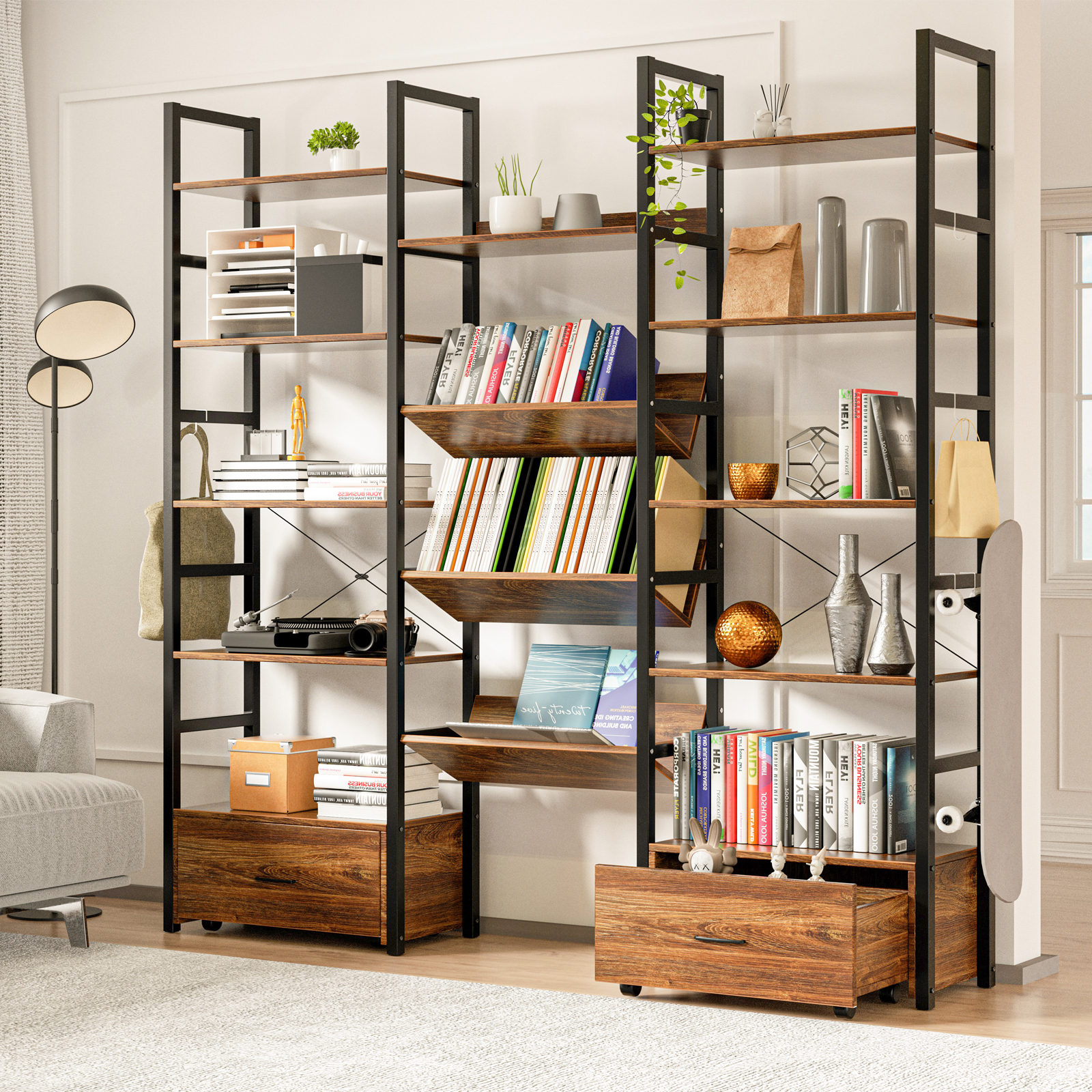 PAKASEPT Bookshelves and Bookcases Triple Wide 5Tier Bookshelf with 2
