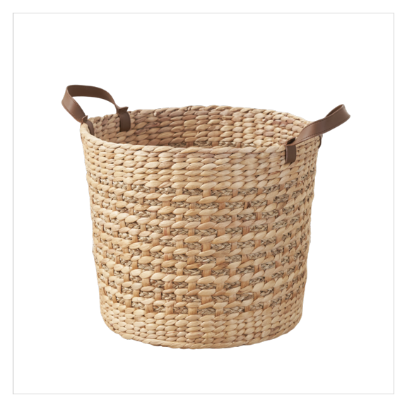 Water Hyacinth Woven Round Multi Use 16" Storage Basket - Natural Brown Brown   Art Deco,Farmhouse,Rustic   Faux Leather,Water Hyacinth