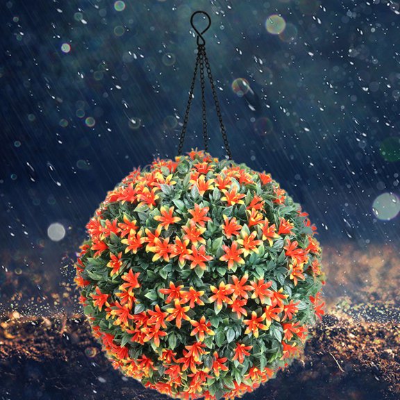 Artificial Hanging Flower Ball with Greenery, Realistic Faux Floral Ball Ornament, Decorative Fake Flower Ball for Christmas Wedding Backyard Balcony Garden Yard Patio Home Decor, Orange