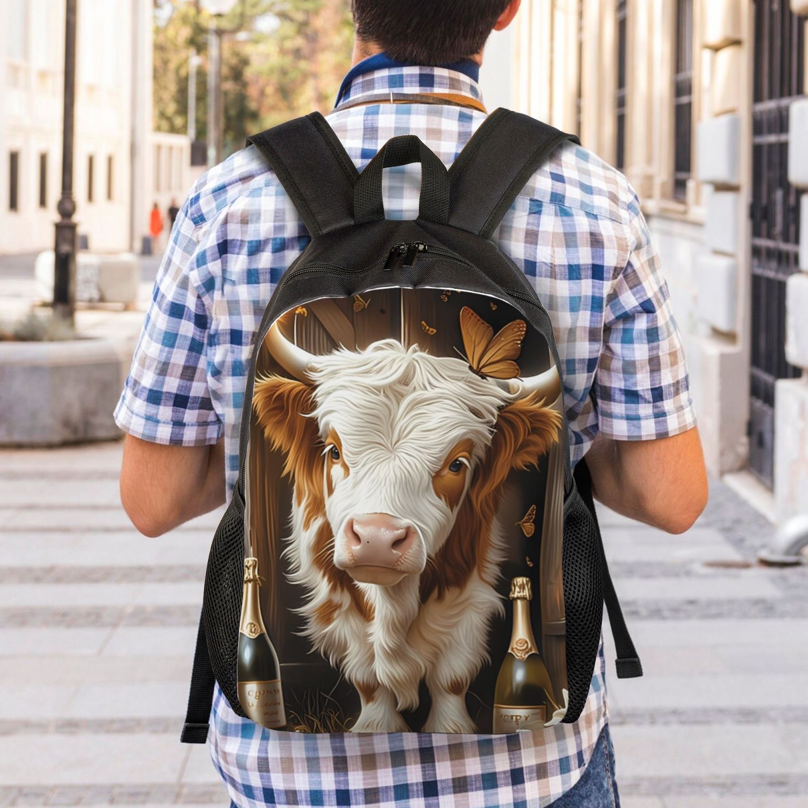 Xecao Rustic Cow Butterflies Champagne Print School Backpack with Laptop Compartment Small Travel Laptop Backpack for Women Men Waterproof College Backpack Simple School Bag