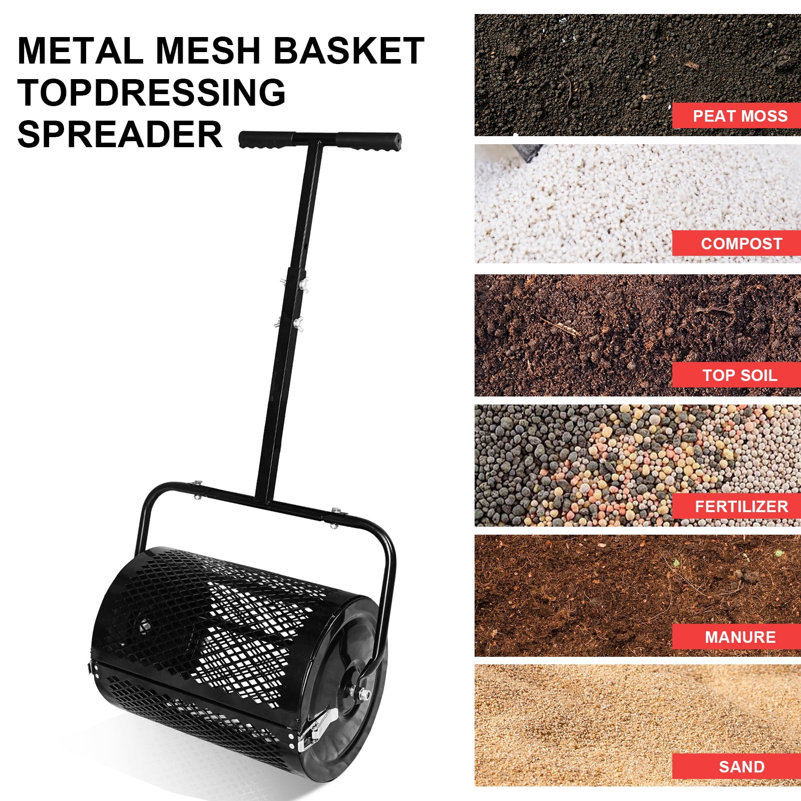 Lixhey 16-Inch Compost Spreader & Peat Moss Spreader – Lawn Roller Spreader with Adjustable T-Handle, Steel Mesh Basket, Black